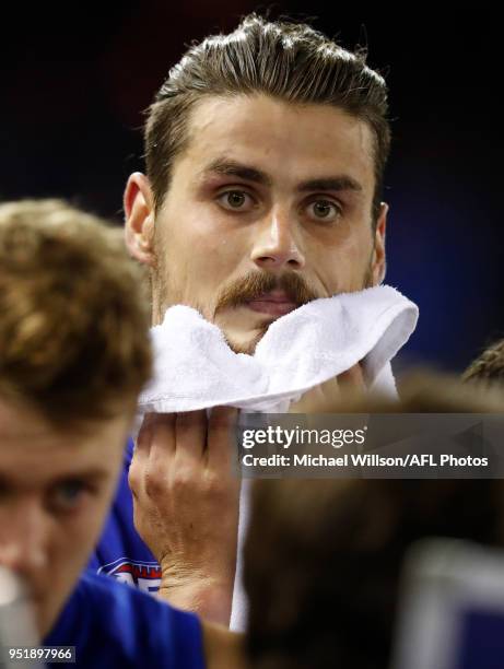 Tom Boyd of the Bulldogs looks on during the 2018 AFL round six match between the Western Bulldogs and the Carlton Blues at Etihad Stadium on April...