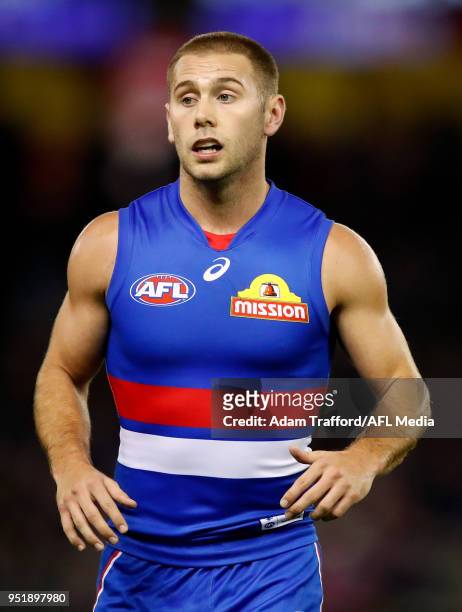Caleb Daniel of the Bulldogs is seen without his trademark helmet during the 2018 AFL round six match between the Western Bulldogs and the Carlton...