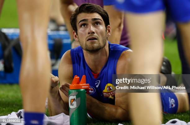 Easton Wood of the Bulldogs looks on during the 2018 AFL round six match between the Western Bulldogs and the Carlton Blues at Etihad Stadium on...