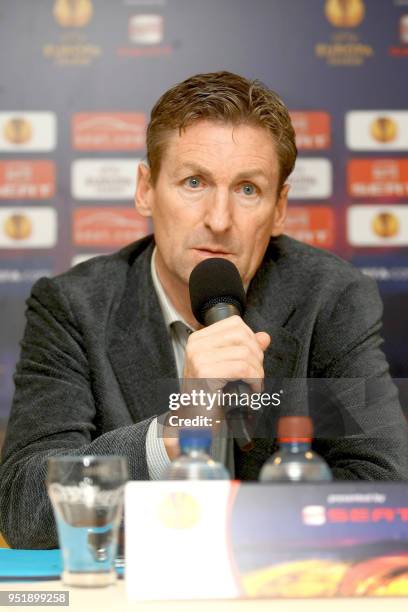 Gent's head coach Francky Dury is pictured during a press conference ahead of the return league of the UEFA Europa League Group C stage match between...