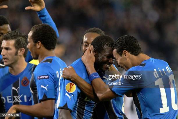 Club Brugge's Dorge Kouemaha celebrates after he scored the 1-0 goal during the Europa League group stage the Europa League group stage match between...