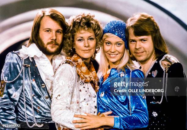 Picture taken in 1974 in Stockholm shows the Swedish pop group Abba with its members Benny Andersson, Anni-Frid Lyngstad, Agnetha Faltskog and Bjorn...