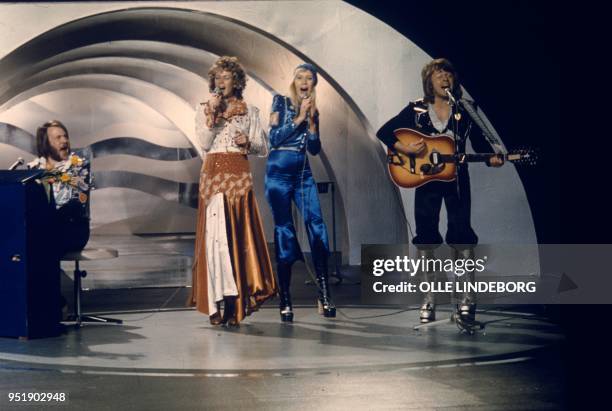 Picture taken on February 9, 1974 at a studio in Stockholm shows the Swedish pop group Abba with its members Benny Andersson, Anni-Frid Lyngstad,...