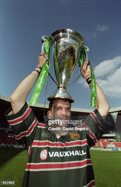 Martin Johnson of Leicester celebrates victory after the Heineken Cup Final 2001 against Stade Francais played at the Parc Des Princes, in Paris,...