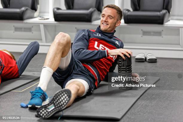 Andy King exercises in the changing room during the Swansea City Training at The Liberty Stadium on April 26, 2018 in Swansea, Wales.