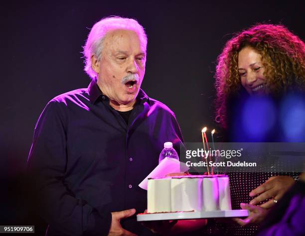 Producer Giorgio Moroder celebrates his 78th birthday onstage at Globe Theatre on April 26, 2018 in Los Angeles, California.