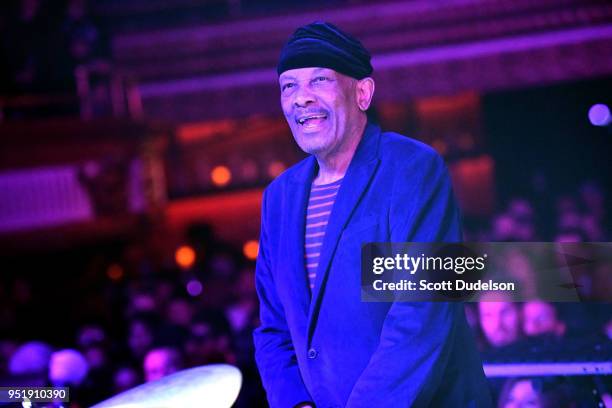 Jazz musician Roy Ayers performs onstage during "GIORGIO'S LIVE" at Globe Theatre on April 26, 2018 in Los Angeles, California.