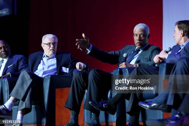 Julius Erving speaks during the ABA 50th Reunion on April 7, 2018 at the Bankers Life Fieldhouse in Indianapolis, Indiana. NOTE TO USER: User...