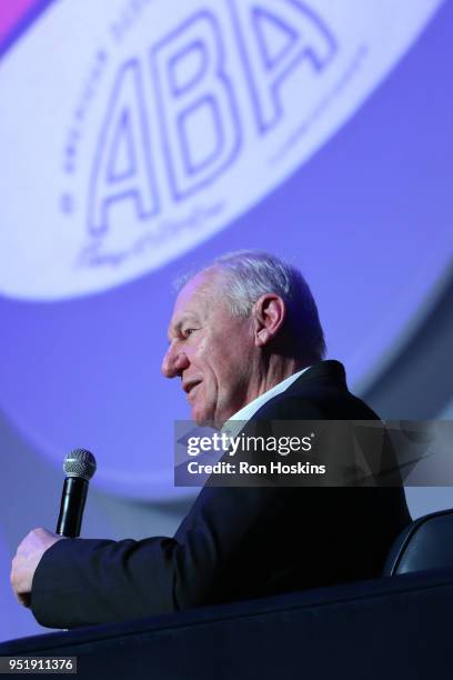 Dan Issel speaks during the ABA 50th Reunion on April 7, 2018 at the Bankers Life Fieldhouse in Indianapolis, Indiana. NOTE TO USER: User expressly...