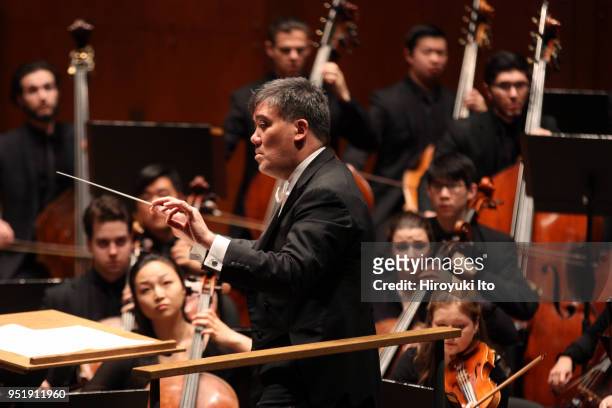 The conductor Alan Gilbert leading the Juilliard Orchestra in Samuel Barber's "Essay No 1 for Orchestra" at David Geffen Hall on Monday night, April...