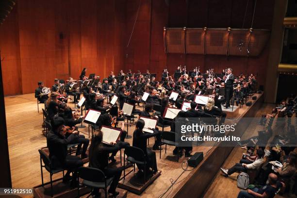 The conductor Alan Gilbert leading the Juilliard Orchestra in Brahms's "Symphony No 1" at David Geffen Hall on Monday night, April 16, 2018.