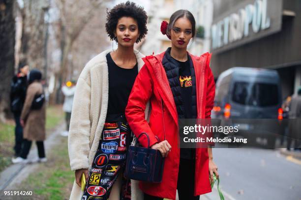 Brazilian models Samile Bermannelli and Ellen Rosa after the Dolce & Gabbana show during Milan Fashion Week Fall/Winter 2018/19 on February 25, 2018...