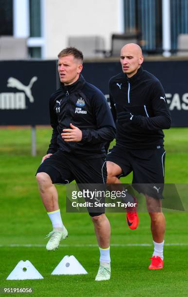 Matt Ritchie warms up during the Newcastle United Training Session at the Newcastle United Training Centre on April 27 in Newcastle upon Tyne,...