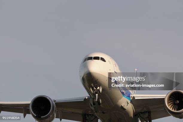 Nose of ANA All Nippon Airways Boeing 787-8 Dreamliner on final-approach.