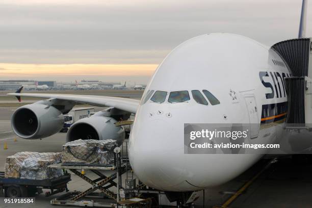 Cargo being loaded from a truck and low-loader and Singapore Airlines Airbus A380-800 parked.