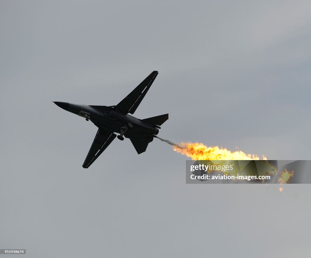 Royal Australian Air Force RAAF General Dynamics F-111C Aardvark 'Dragon's burn' in the flying-display at the Singapore-Airshow 2010