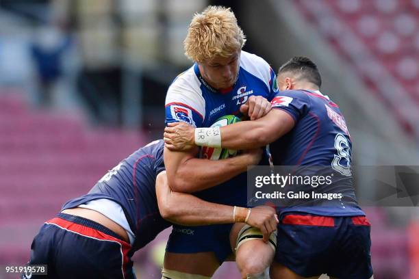 Pieter-Steph du Toit of the Stormers tackled by Amanaki Mafi of the Rebels during the Super Rugby match between DHL Stormers and Rebels at DHL...