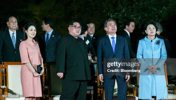 Kim Jong Un, North Korea's leader, second left, and Moon Jae-in, South Korea's president, second right, Kim Jung-sook, South Korea's first lady,...