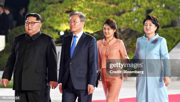 Kim Jong Un, North Korea's leader, left, and Moon Jae-in, South Korea's president, second left, Kim Jung-sook, South Korea's first lady, right, and...