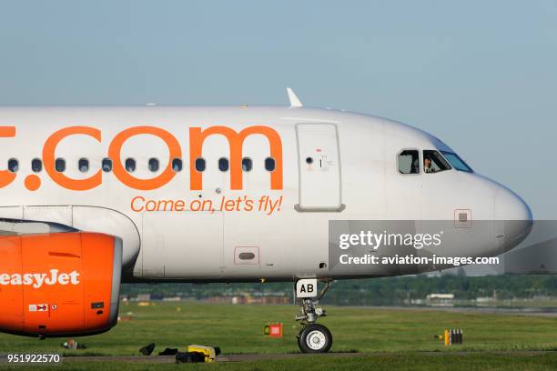 Nose of easyJet Airbus A319 taxiing at Gatwick.