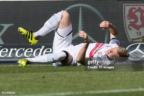 Timo Baumgartl of Stuttgart on the ground during the Bundesliga match between VfB Stuttgart and SV Werder Bremen at Mercedes-Benz Arena on April 21,...