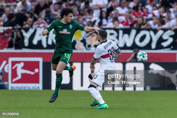 Milos Veljkovic of Bremen and Daniel Ginczek of Stuttgart battle for the ball during the Bundesliga match between VfB Stuttgart and SV Werder Bremen...