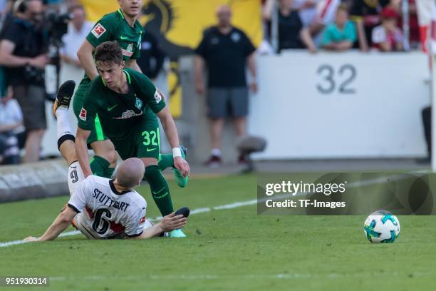 Santiago Ascacibar of Stuttgart and Marco Friedl of Bremen battle for the ball during the Bundesliga match between VfB Stuttgart and SV Werder Bremen...