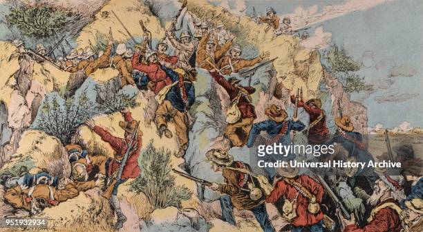 Print showing the Battle of Spion Kop. Boers engage with British forces. Battle of Spion Kop, a battle fought during the Second Boer War in 1900 on...