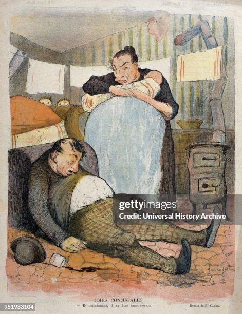 French satirical magazine illustration depicting a long suffering wife watching her husband passed out drunk as the children look on and a baby...