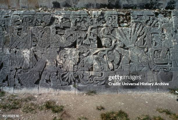 Relief depicting ball players at the Great Ball Court at Chichen Itza, a pre-Columbian city built by the Maya people of the Terminal Classic period....