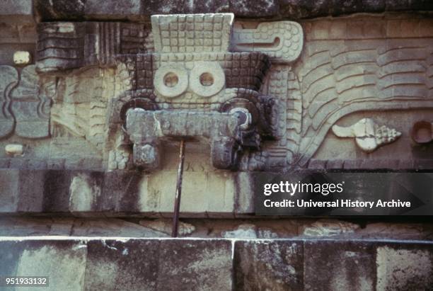 Mask of Tlaloc part of a sculpted frieze at the Temple of the Feathered Serpent, pyramid, Teotihuacan, a pre-Columbian site in central Mexico. The...