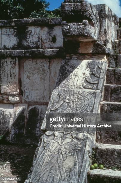 Relief on the stairway of the temple of eagles and jaguars at Chichen Itza, a pre-Columbian city built by the Maya people of the Terminal Classic...