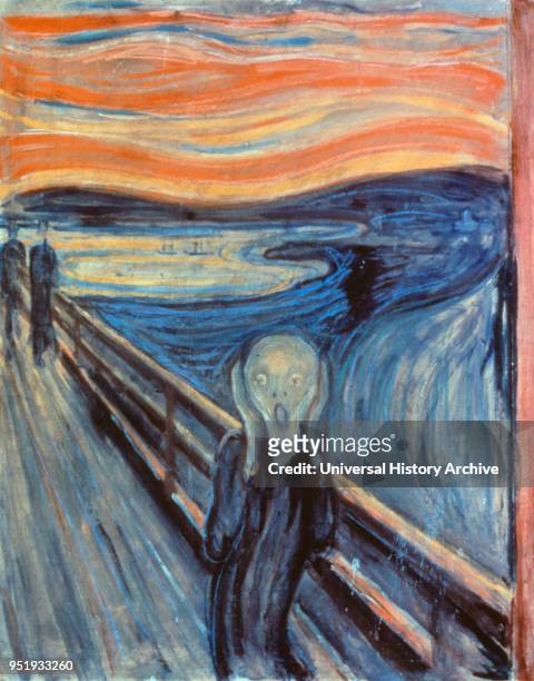 The Scream Tempera and pastel on wood, 1893. One of four versions of a composition, by Norwegian Expressionist artist Edvard Munch between 1893 and...