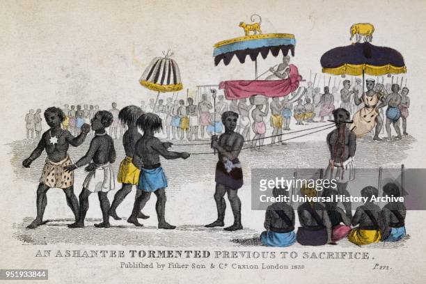 Ashanti Human sacrifice as a victim is taunted before execution. The Ashanti King looks on; Ghana ; Illustration 1837.