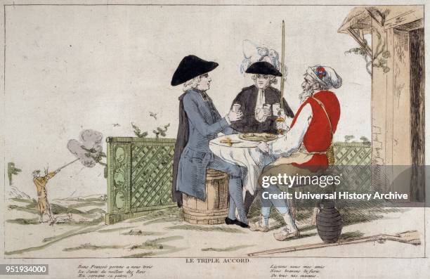 Image from The French Revolution of 1789 illustrating the "triple Accord" between the three old orders. In the background, the hunter symbolizes the...