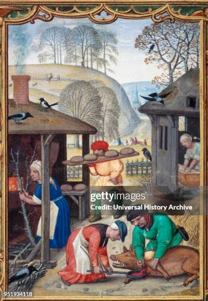 16th century Flemish calendar illustration showing villagers preparing pork pies.