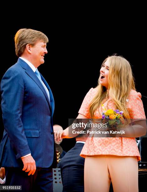 King Willem-Alexander of The Netherlands and Princess Amalia of The Netherlands attend the Kingsday celebration on April 27, 2018 in Groningen,...