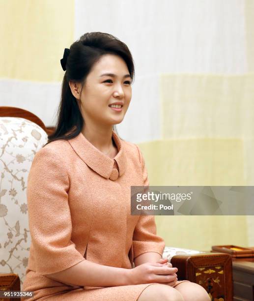 North Korean first lady Ri Sol-ju upon arrival at the Peace House on April 27, 2018 in Panmunjom, South Korea. Kim and Moon meet at the border today...