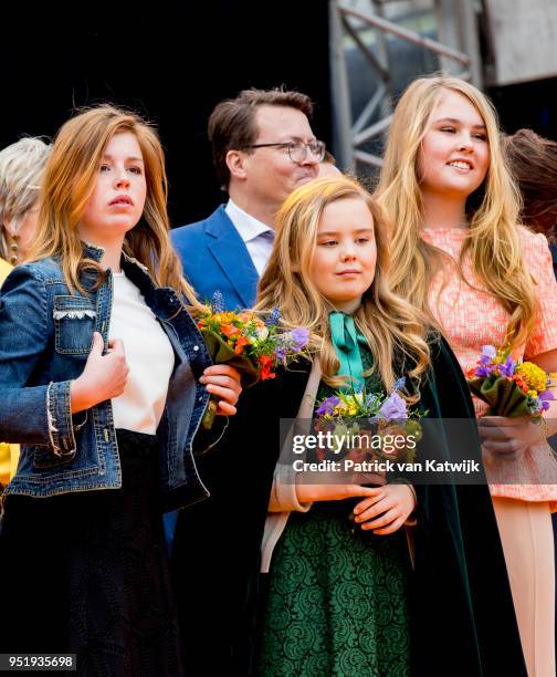 Princess Amalia of The Netherlands, Princess Alexia of The Netherlands and Princess Ariane of The Netherlands during the Kingsday celebration on...