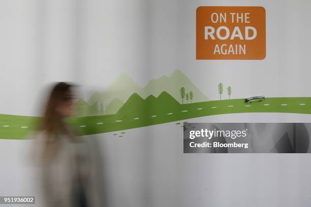 Toy FlixBus sits on a wall decoration inside the startup passenger transportation company's headquarters in Munich, Germany, on Friday, April 27,...