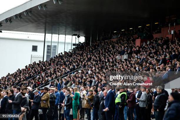 Large crowd watch the first race of the day at Punchestown racecourse on April 27, 2018 in Naas, Ireland.