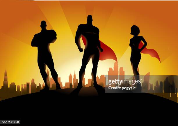 ilustraciones, imágenes clip art, dibujos animados e iconos de stock de vector trio super héroe equipo silueta con el horizonte de la ciudad en el fondo - héroes