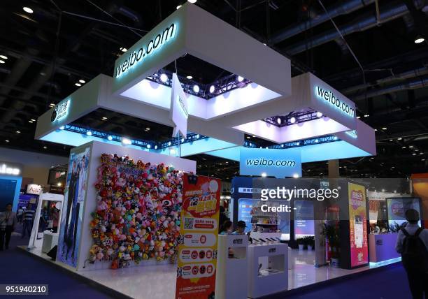 Stand of Sina Weibo is seen at the 2018 Global Mobile Internet Conference in Beijing on April 27, 2018. / China OUT