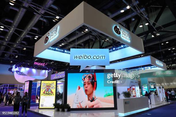 Stand of Sina Weibo is seen at the 2018 Global Mobile Internet Conference in Beijing on April 27, 2018. / China OUT