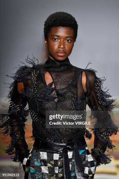 Model walks the runway at the Apartamento 03 Fall Winter 2018 fashion show during the SPFW N45 on April 25, 2018 in Sao Paulo, Brazil.