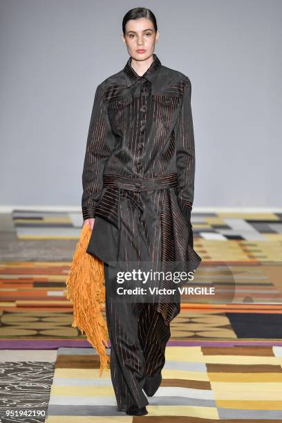 Model walks the runway at the Apartamento 03 Fall Winter 2018 fashion show during the SPFW N45 on April 25, 2018 in Sao Paulo, Brazil.