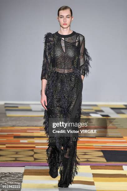 Model walks the runway at the Apartamento 03 Fall Winter 2018 fashion show during the SPFW N45 on April 25, 2018 in Sao Paulo, Brazil.