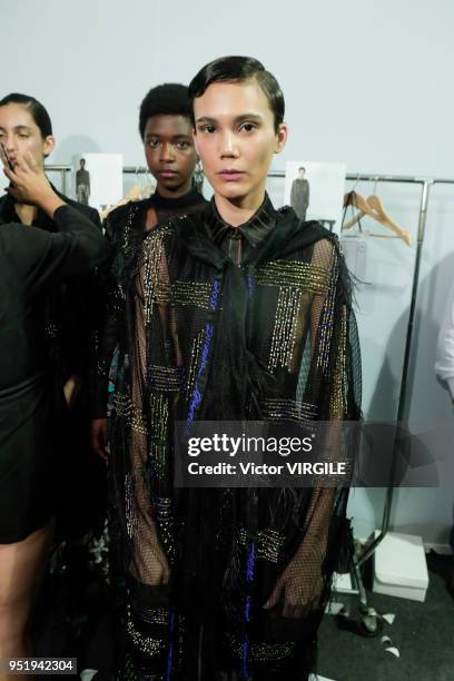 Model backstage at the Apartamento 03 Fall Winter 2018 fashion show during the SPFW N45 on April 25, 2018 in Sao Paulo, Brazil.