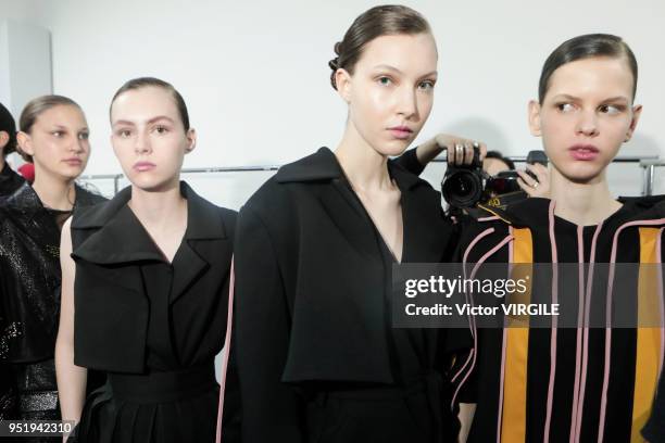 Model backstage at the Apartamento 03 Fall Winter 2018 fashion show during the SPFW N45 on April 25, 2018 in Sao Paulo, Brazil.