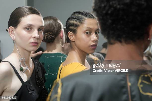 Model backstage at the Apartamento 03 Fall Winter 2018 fashion show during the SPFW N45 on April 25, 2018 in Sao Paulo, Brazil.